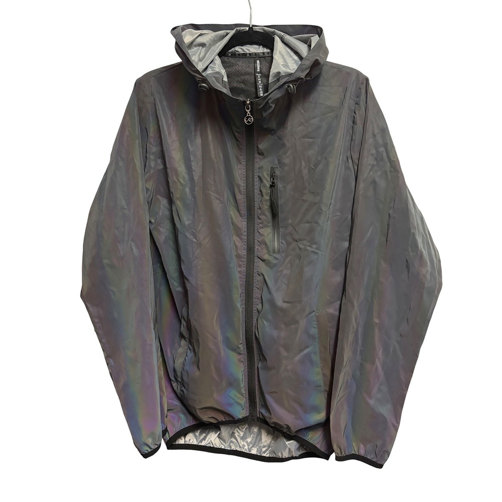 WOSAWE Iridescent Reflective Windbreaker Jacket‎ Gray Hooded Cycling Small